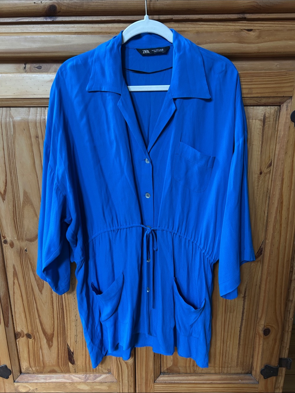 Zara Shirt Dress Royal Blue Button-Front Drawstring Relaxed Fit Flowy